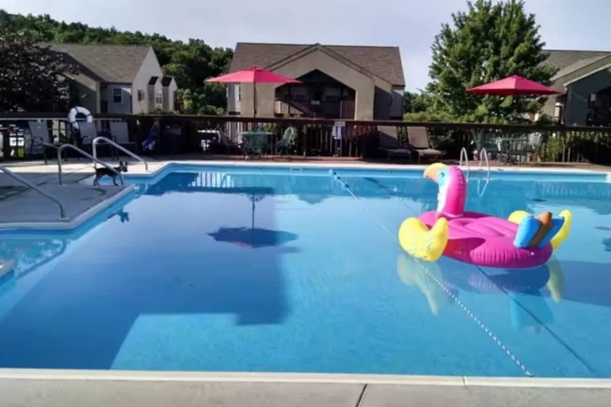 A lively community pool scene with children splashing around an inflatable flamingo, bright red umbrellas providing shade, and groups of families socializing poolside as the sun begins to set.