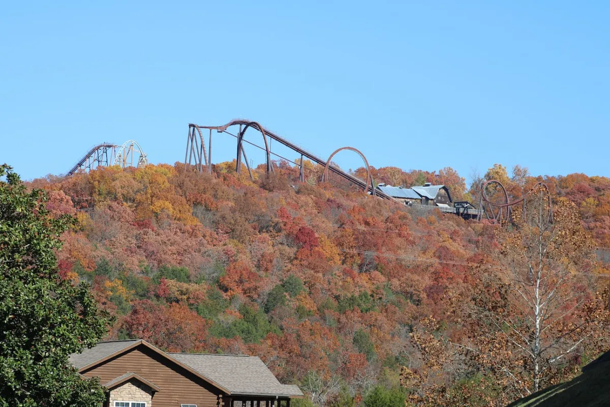 This vibrant exterior image highlights a roller coaster rising behind colorful autumn trees, with a house in the foreground. The scene captures both the thrill of nearby amusement attractions and the natural beauty of the area, suggesting proximity to family-friendly adventure parks.